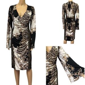 Venus Animal Floral Print Long Sleeve Lace Accent Ruched V Neck Midi Dress M